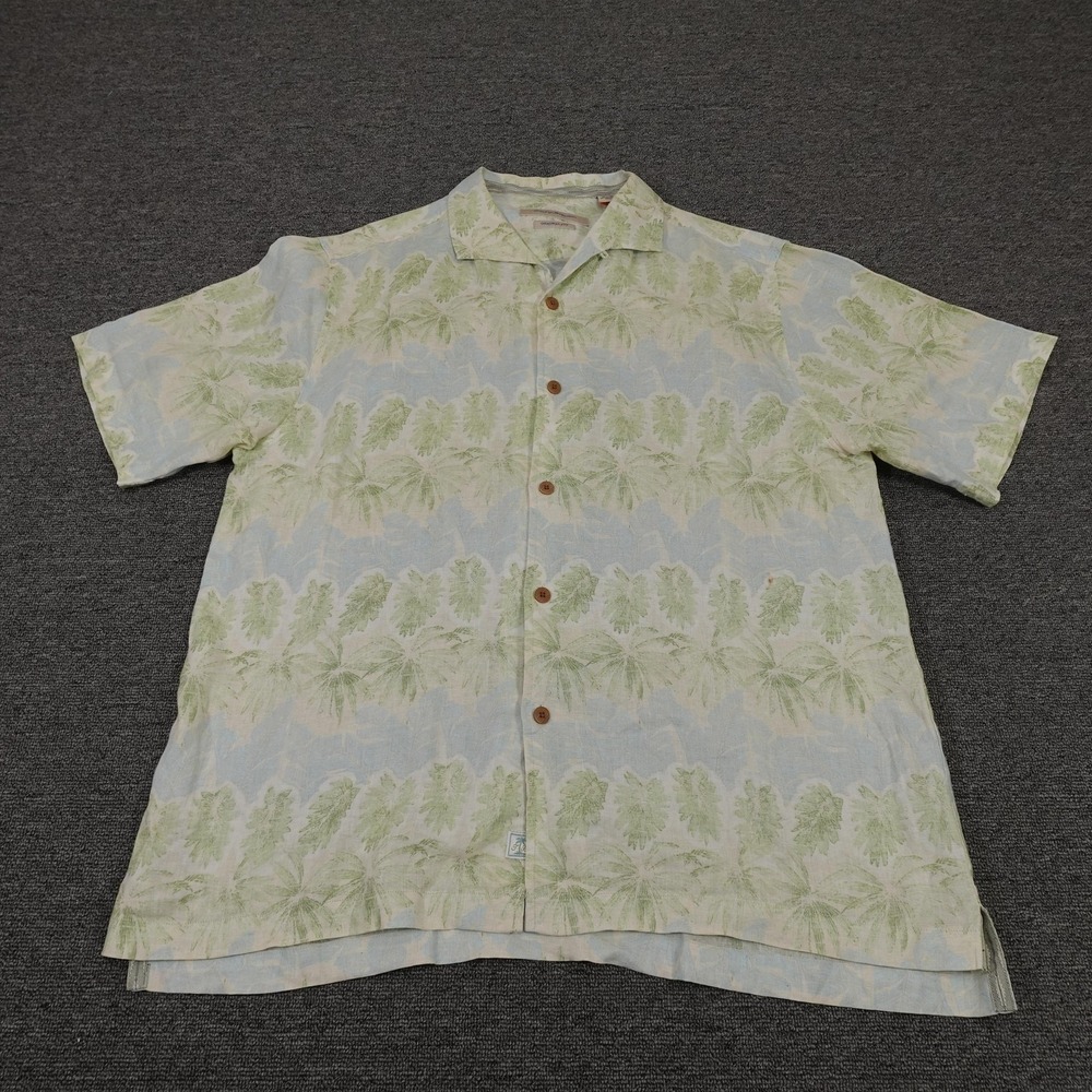Tommy Bahama Shirt Mens Large Blue Leaf Linen Hawaiian Short‎ Sleeve Button Up